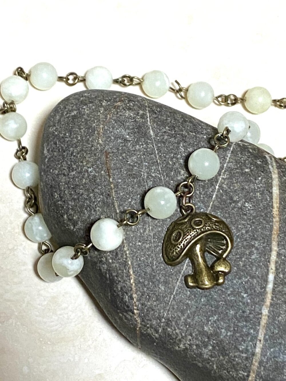 Natural Pale Green Serpentine Short Necklace, Gemstone & Bronze Round Mushroom - Picture 7 of 13